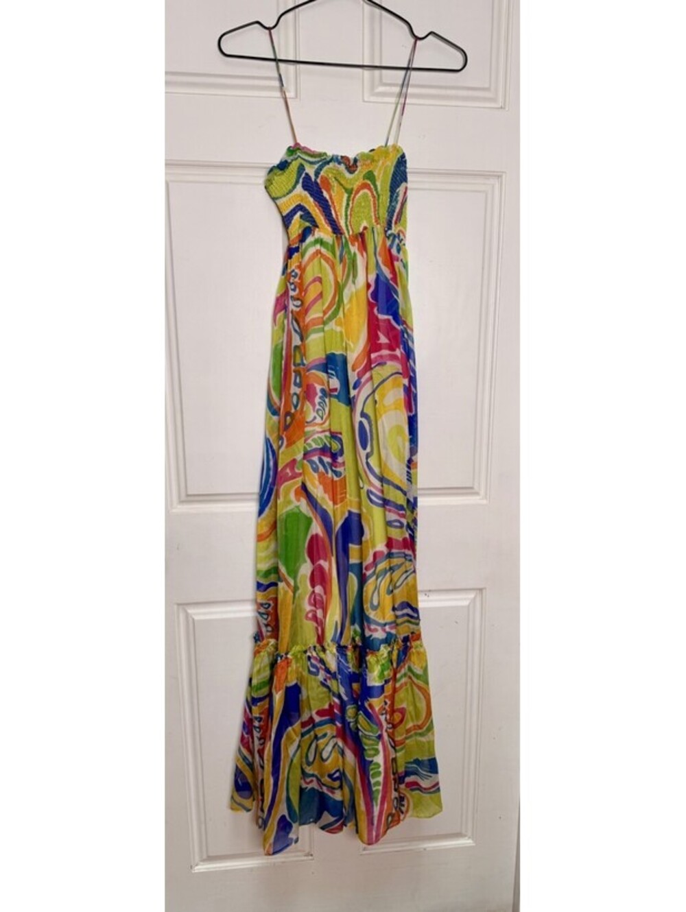 NEW Zara S 100% SILK Tube Spaghetti Strap Graphic Mod Print Long Maxi Dress RARE